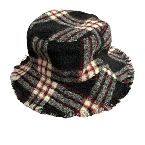 Hat Attack Flannel Bucket Hat Grey Red Plaid Frayed Packable Classic Outdoor NWT